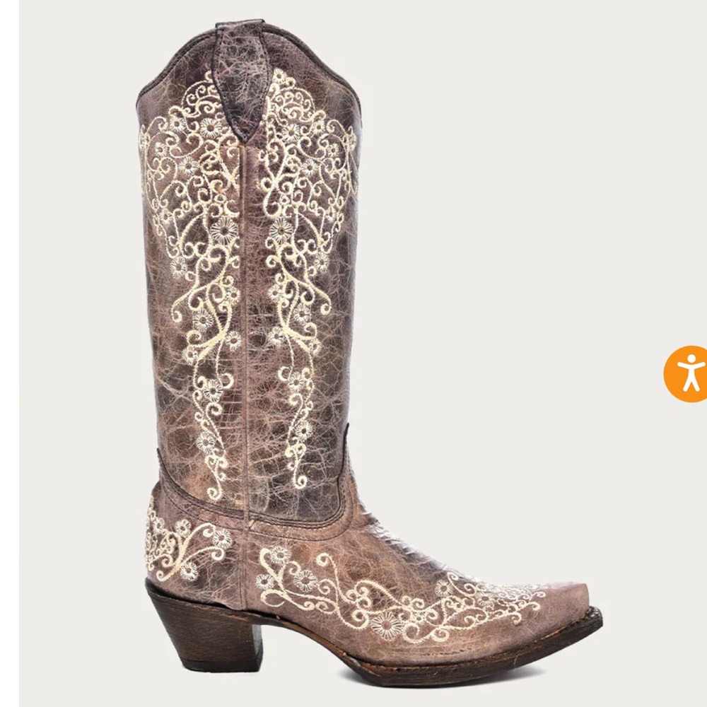 BONE COLOR FLORAL EMBROIDERY COWBOY BOOT- A1094 - WOMEN'S